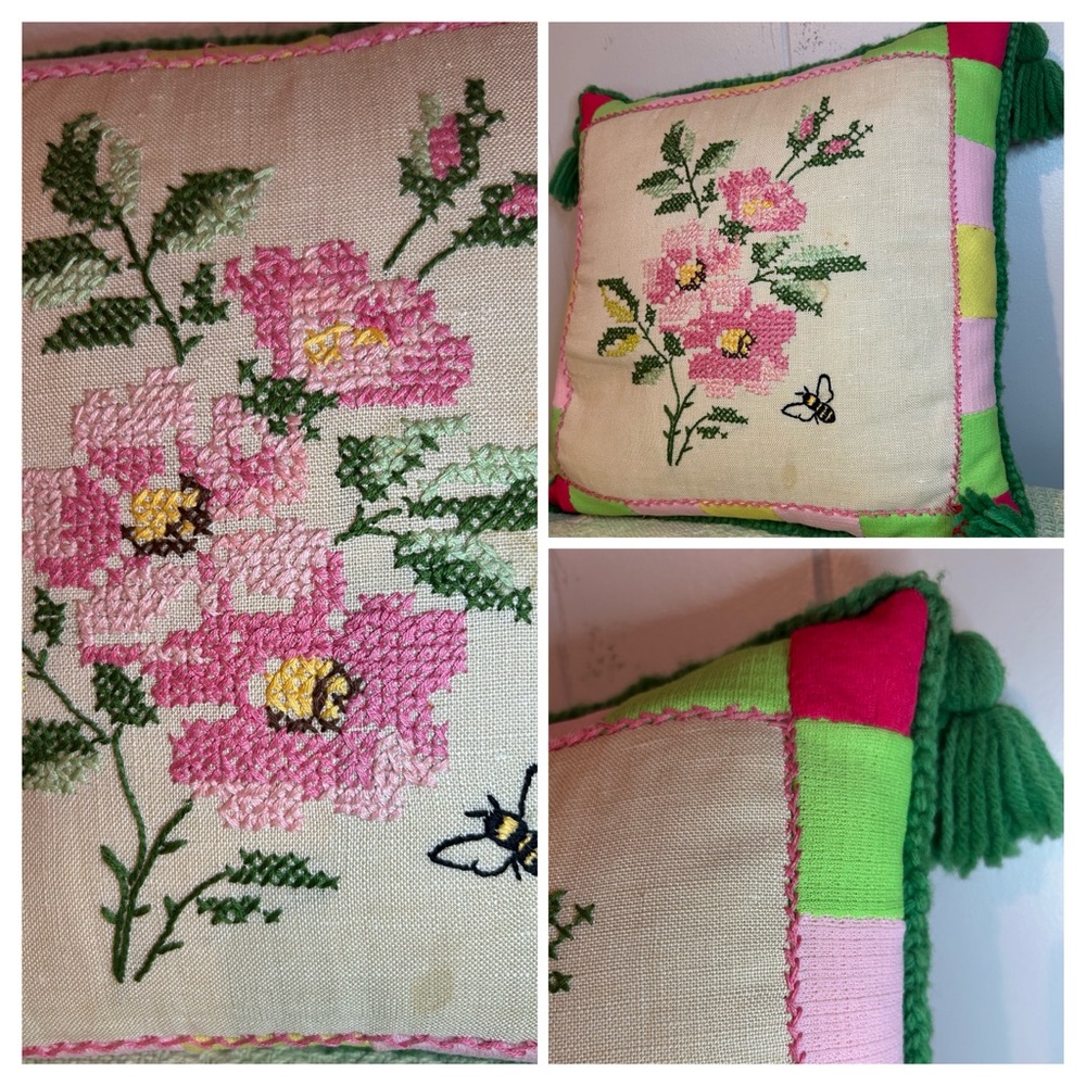 Handmade Cross Stitch Pillow Floral Pink Rose Bee Accent Patchwork Sides Tassels